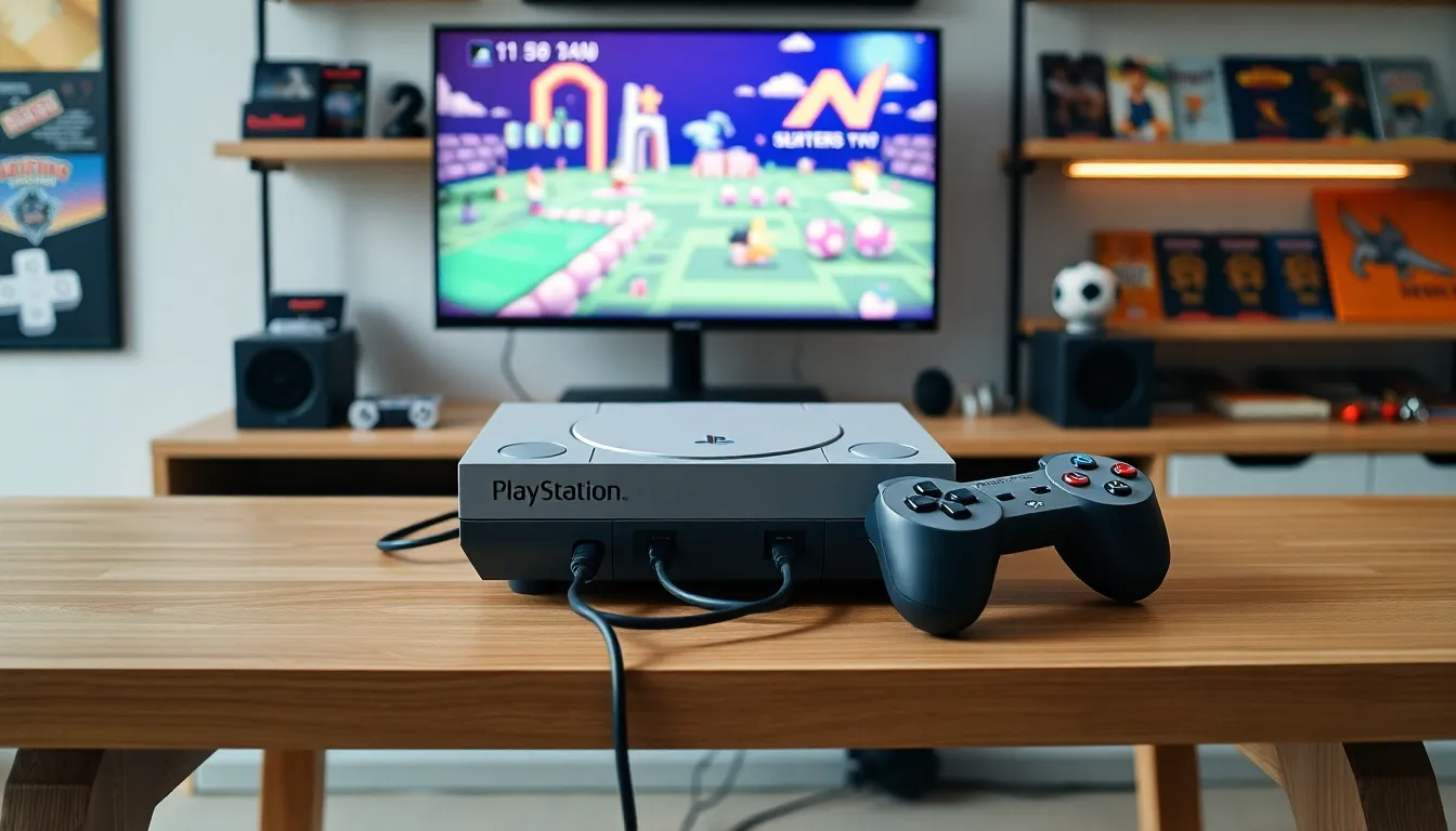 PlayStation Classic console on a stylish gaming desk with retro decor.