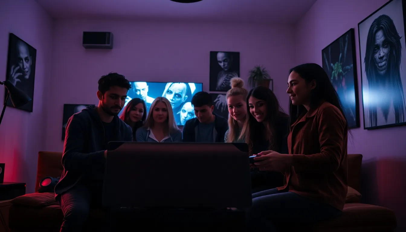 diverse group gaming in a dark, suspenseful environment.