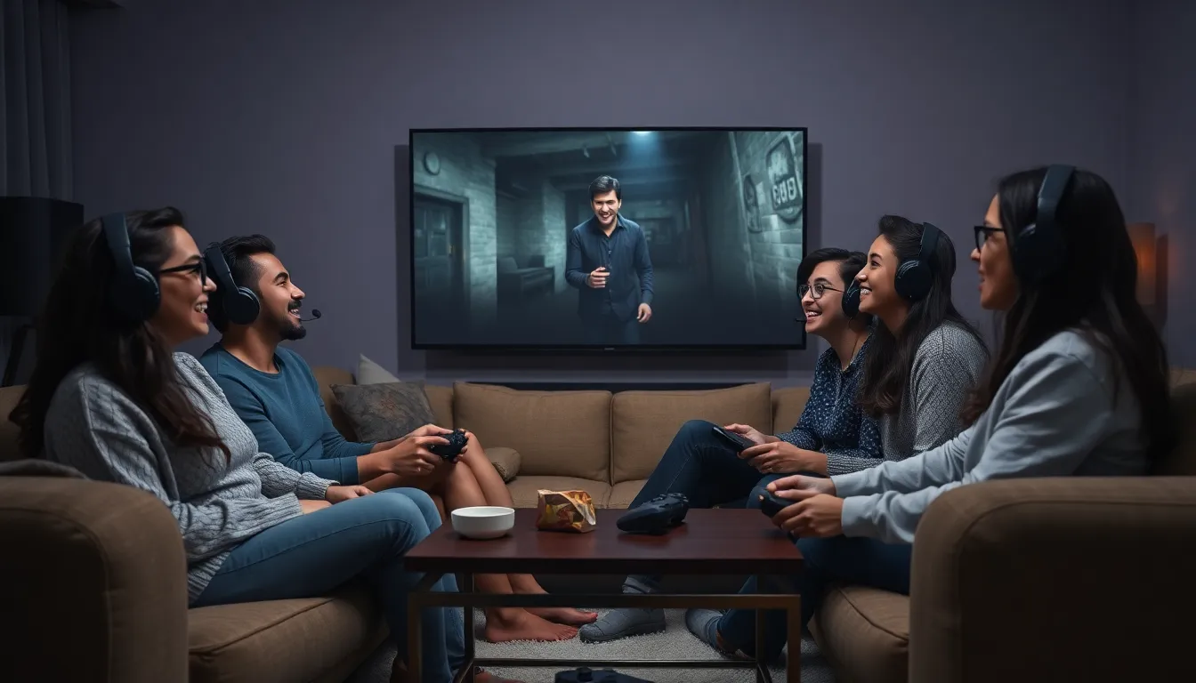 friends enjoying a co-op horror game in a cozy living room.