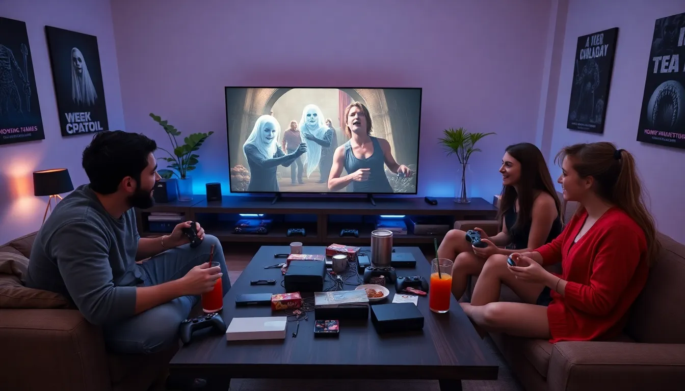 diverse group of players enjoying co-op horror games in a cozy living room.