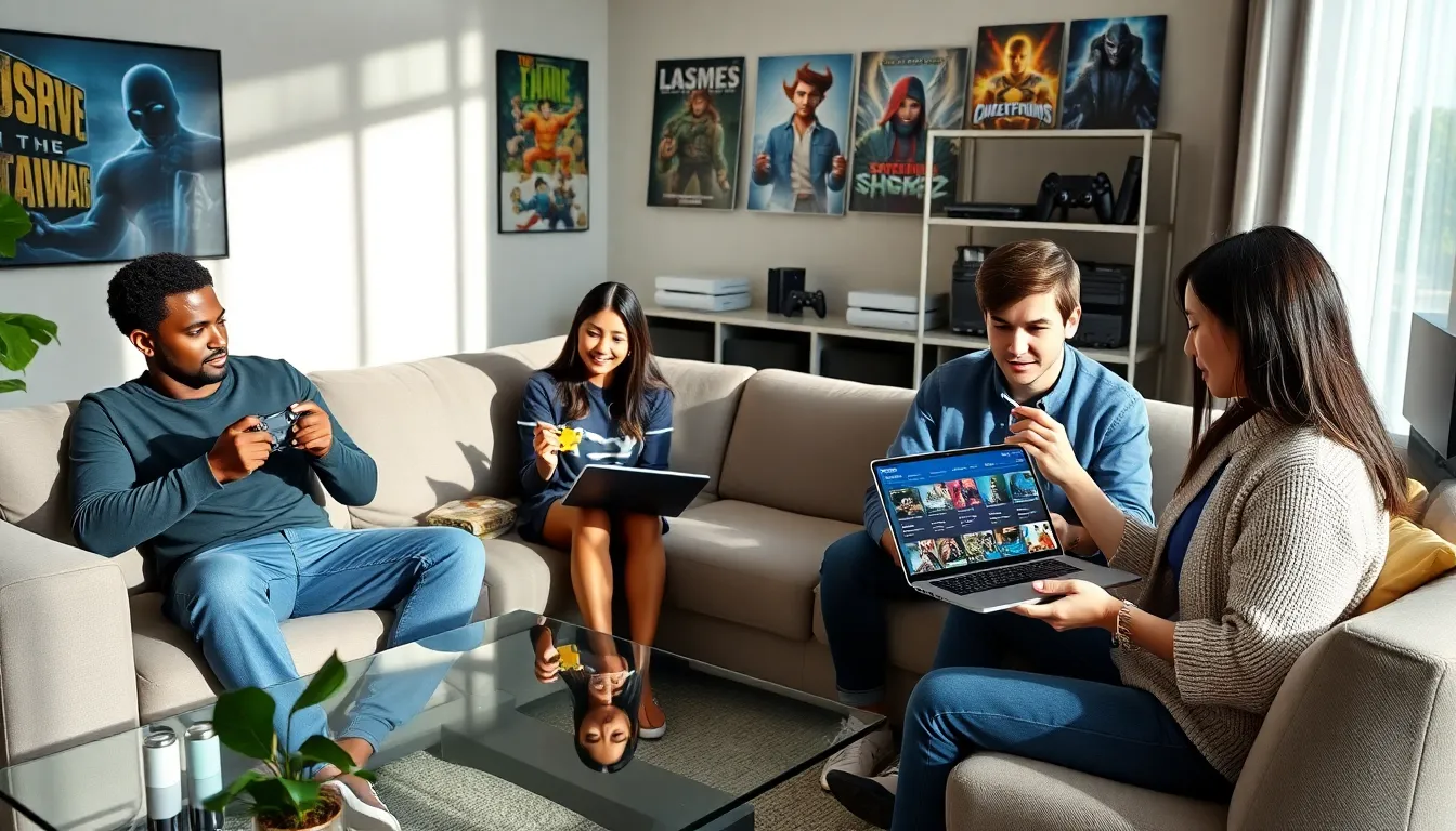 diverse group discussing PlayStation Plus subscriptions in a modern living room.