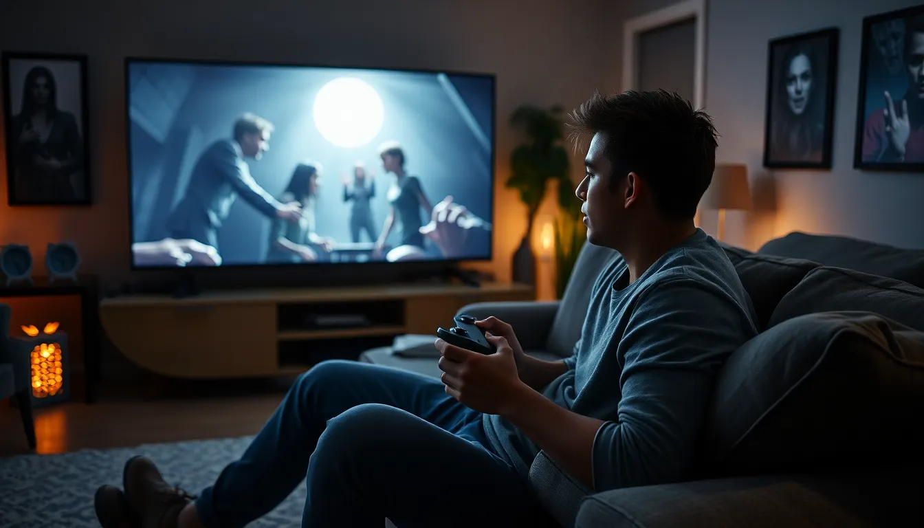 gamer immersed in a horror game on a PS5 in a dimly lit room.