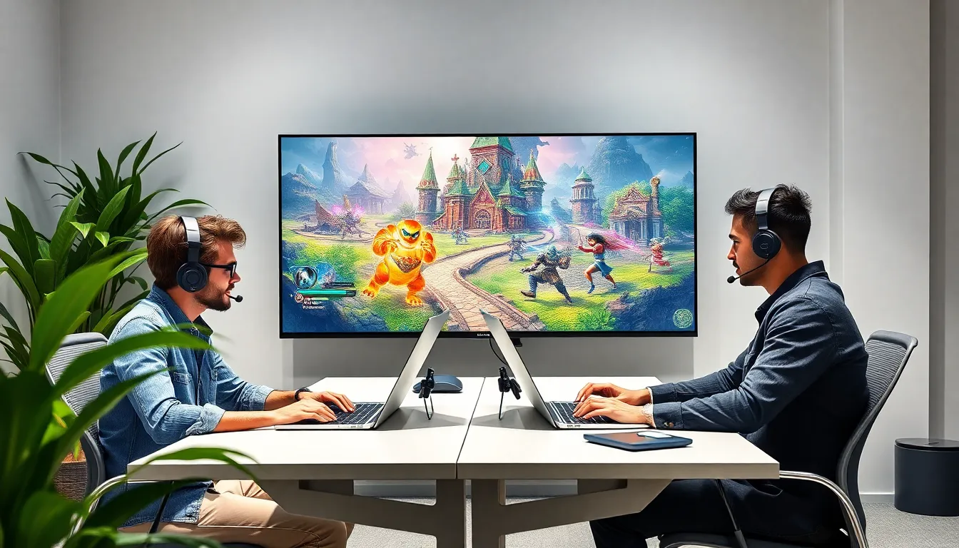 diverse gamers enjoying MMORPG browser games in a modern office.