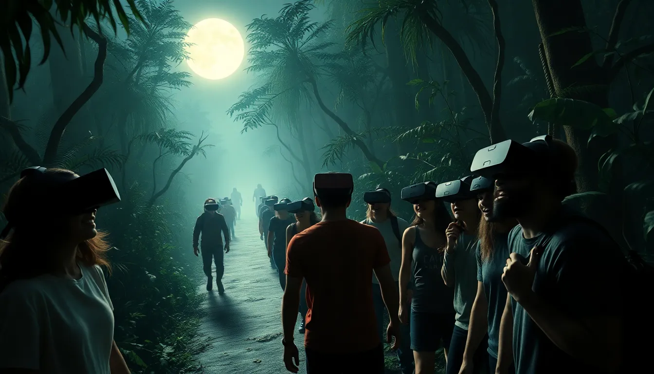 players in VR experiencing a thrilling horror game in a dark jungle.