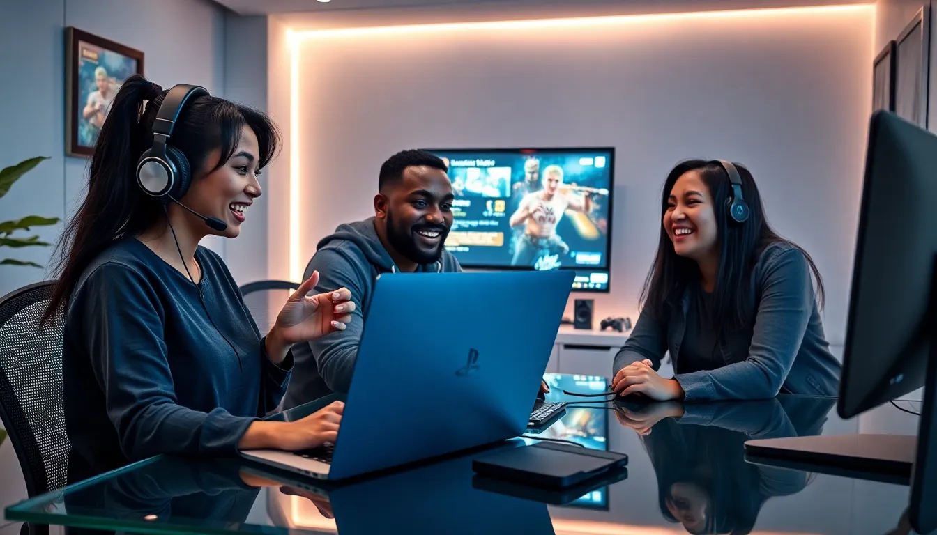 diverse gamers chatting in a modern home office setting.