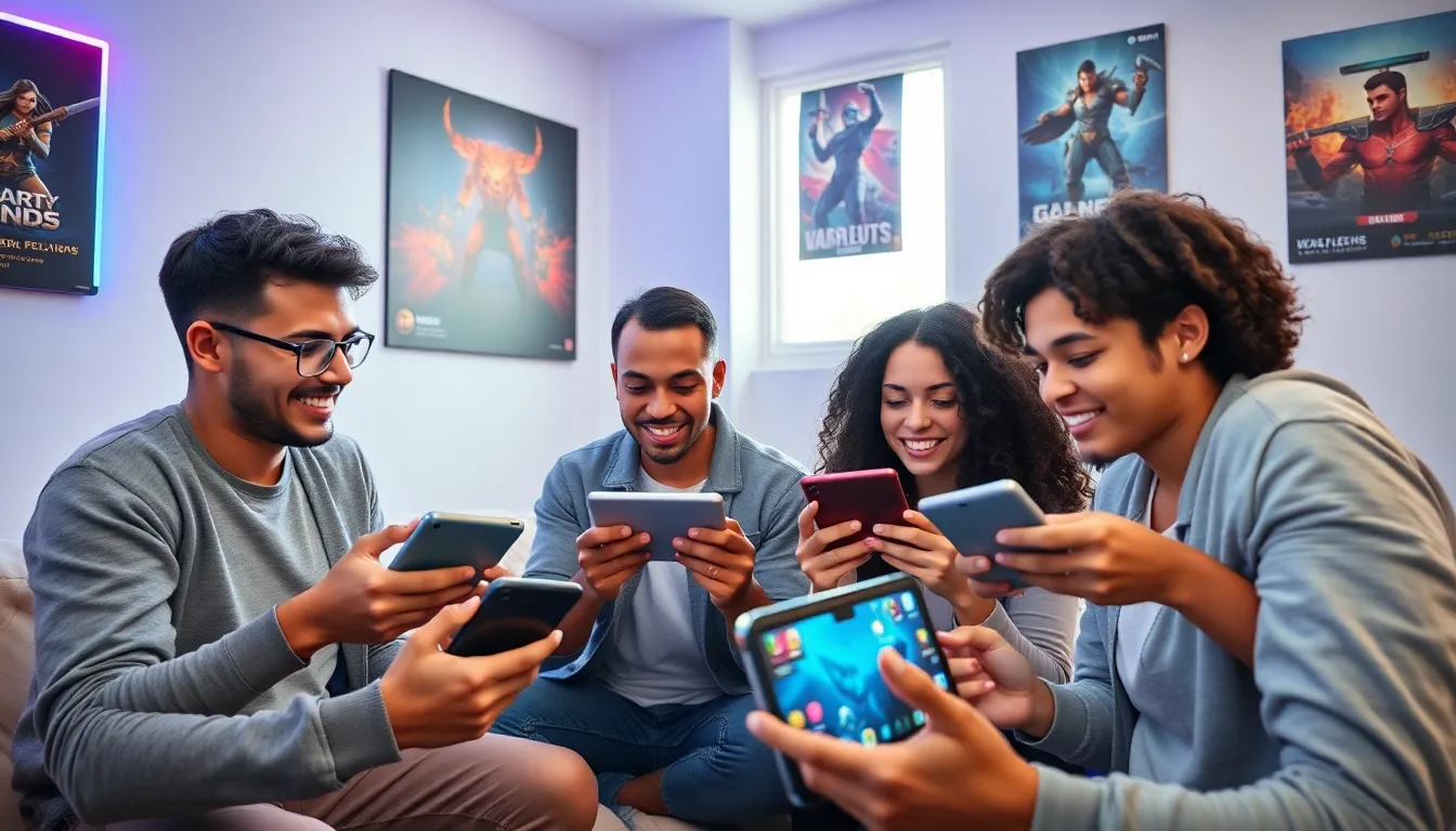 diverse group playing mobile MMORPG games in a modern setting.