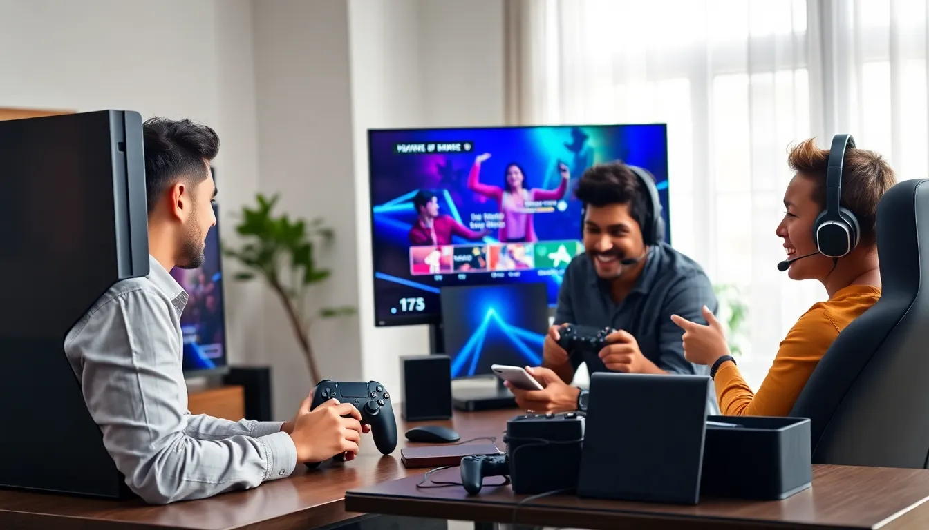 diverse gamers discussing cross-platform play with PC and PlayStation.