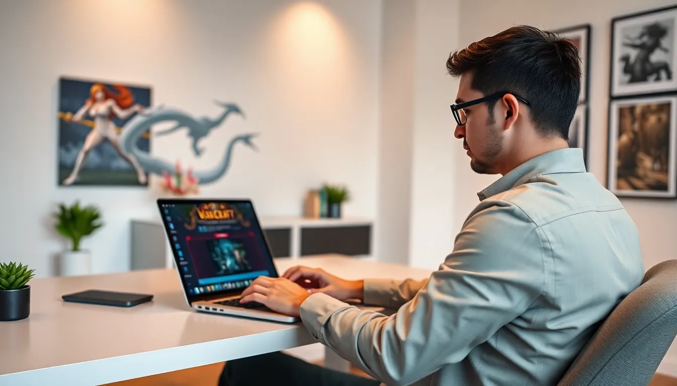 person playing MMORPG on a laptop in a modern workspace.