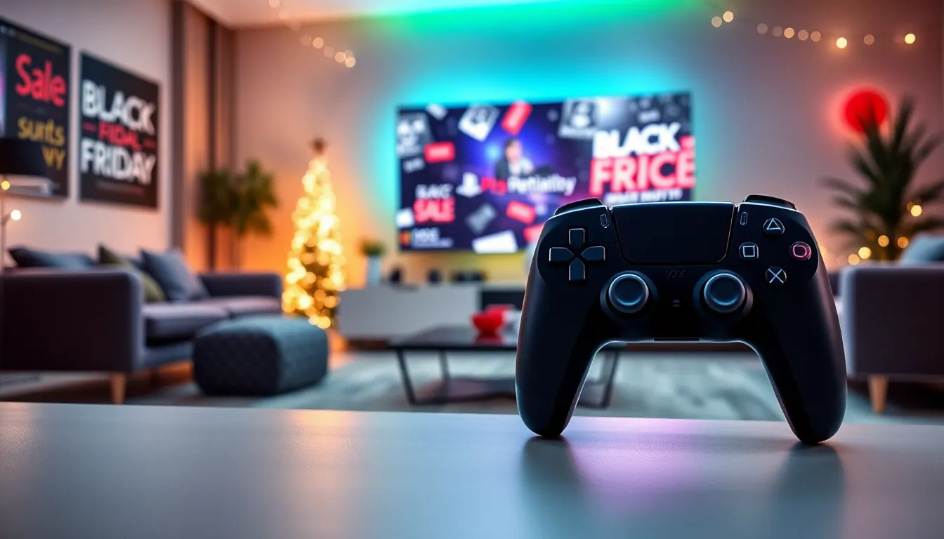 PlayStation 5 controller in a stylish living room for Black Friday.