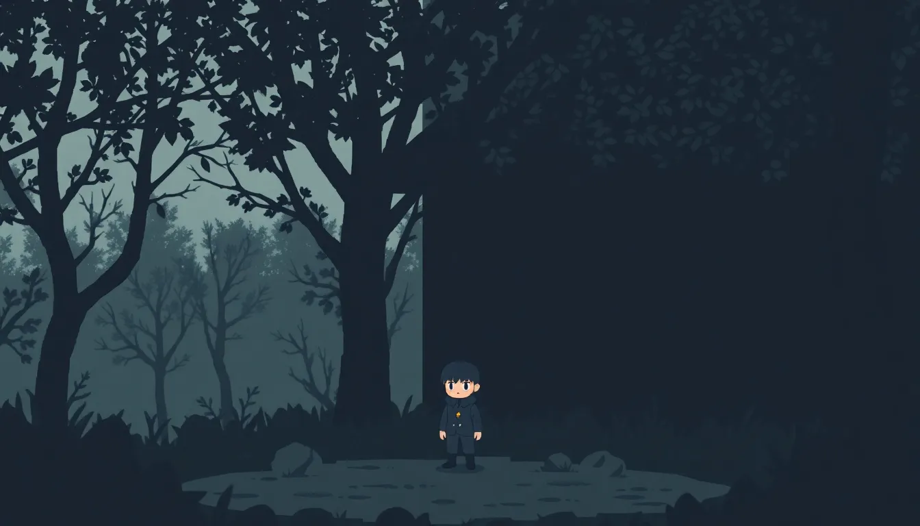 pixelated horror scene in a dark forest with a cautious character.
