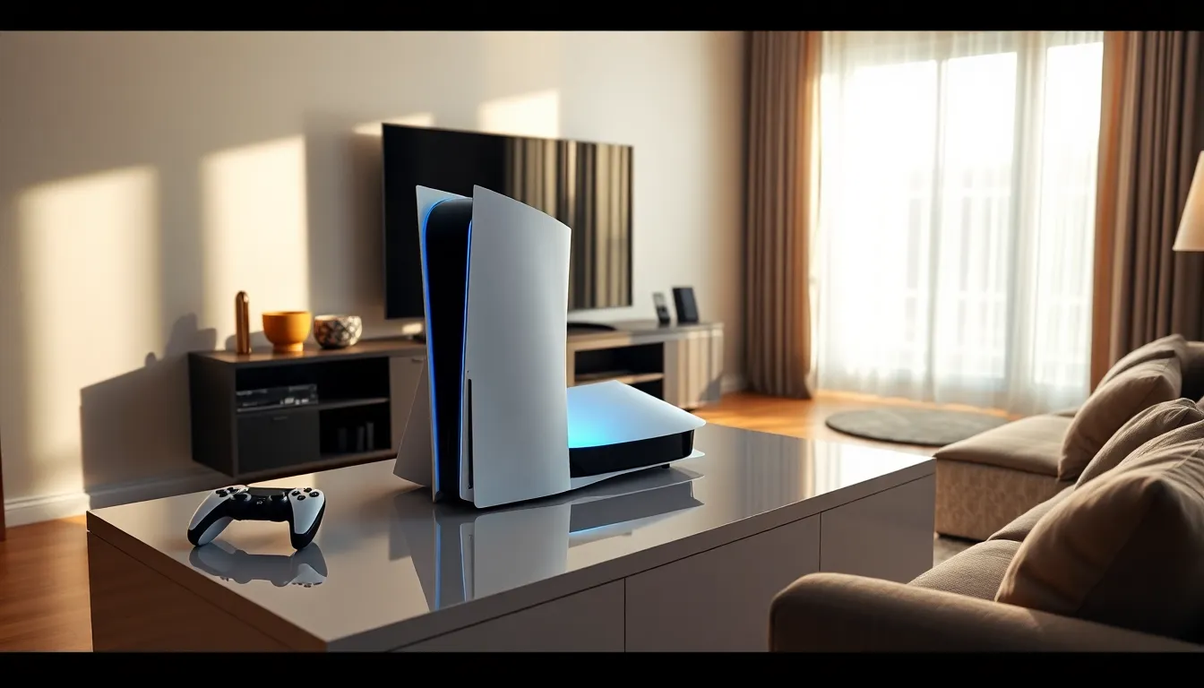 PlayStation 5 console displayed in a modern living room.