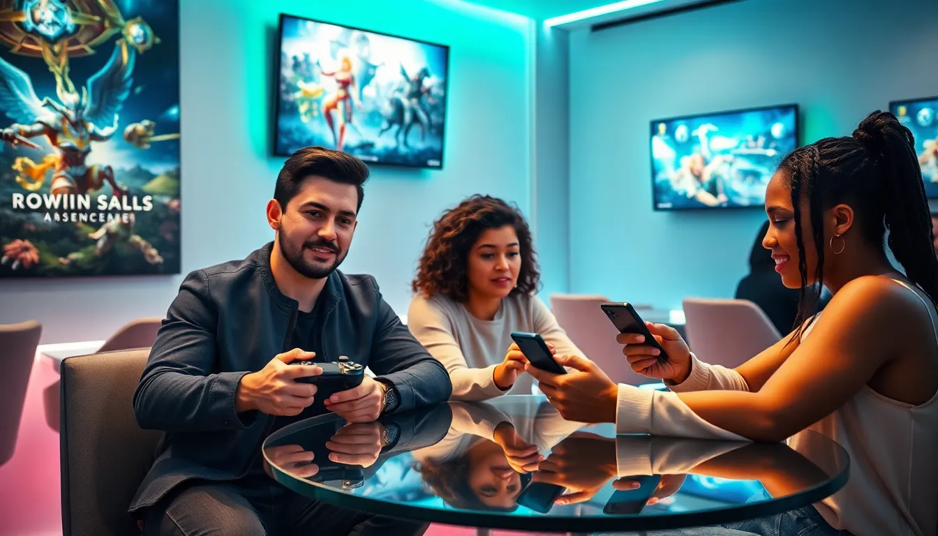diverse gamers playing MMORPGs on different platforms in a gaming lounge.